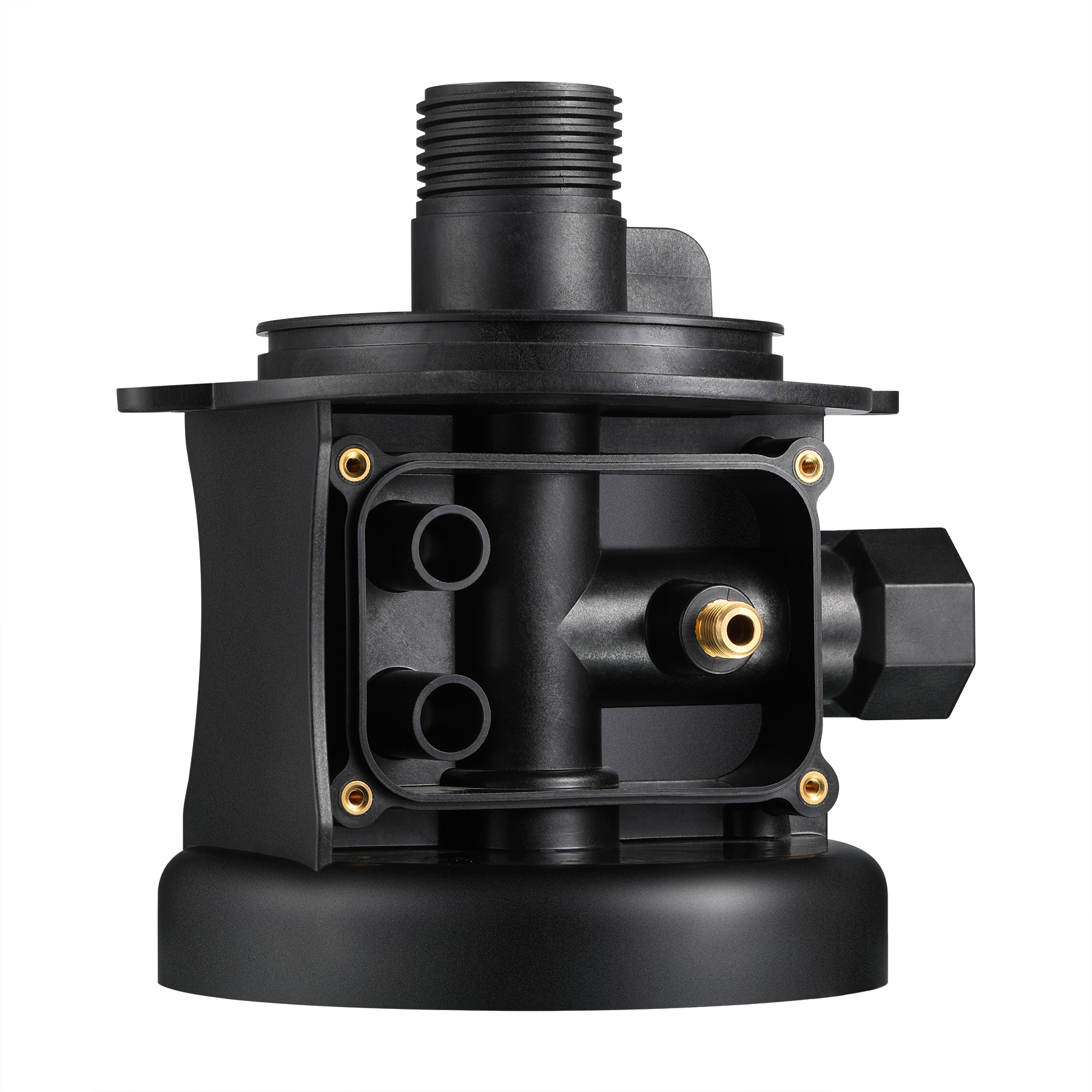 PA6 GF30 water pump housing front face with 4 brass hex-flanged mounting inserts and open impeller cavity — ABERY insert molding