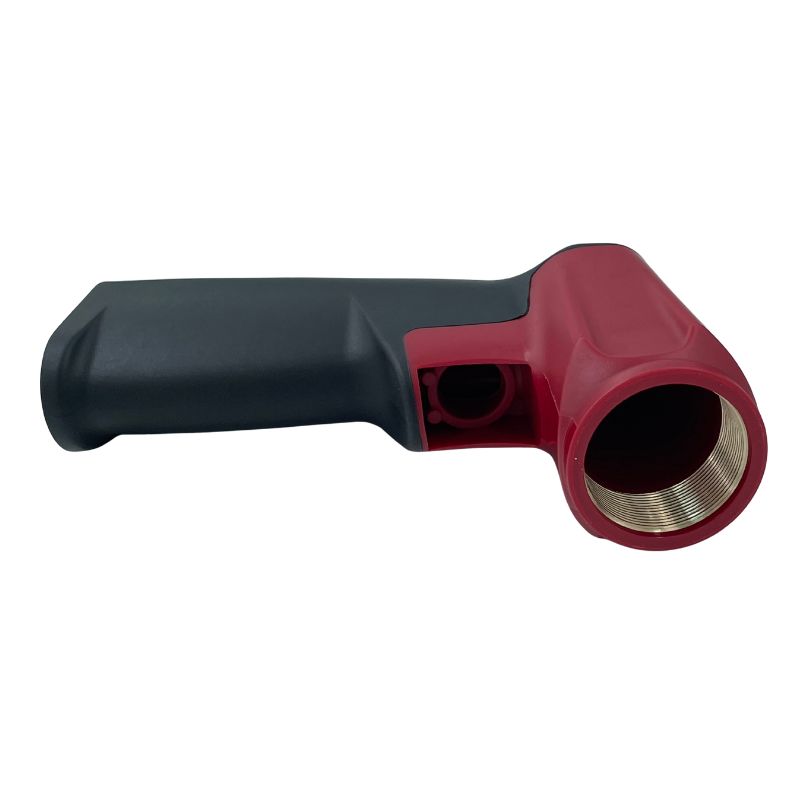 2K two-color injection molded industrial gas sampling probe handle, red and black ABS with brass threaded nozzle insert, ergonomic L-shape, ABERY USA customer