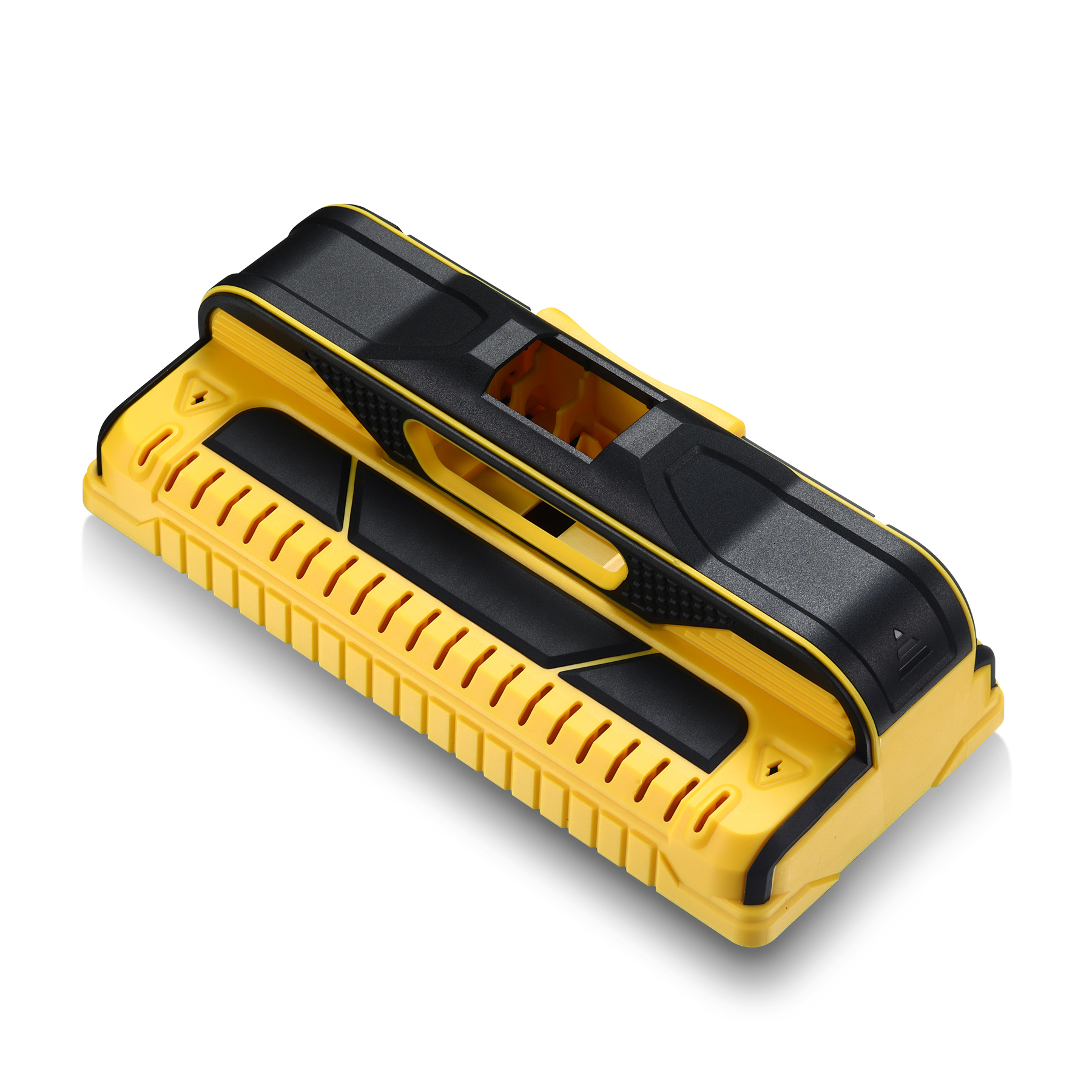 Underside of ABS+TPE overmolded tool housing showing three oval TPE anti-slip grip pads, ABERY injection molding China