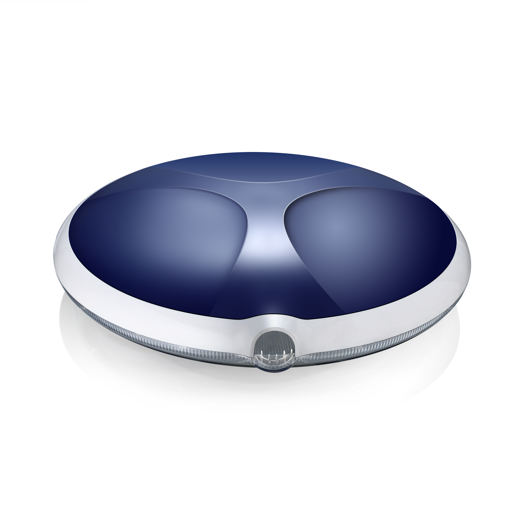 2K injection molded ABS/PC upper shell for medical LED lamp — deep navy gloss dome and silver satin frame — ABERY precision molding