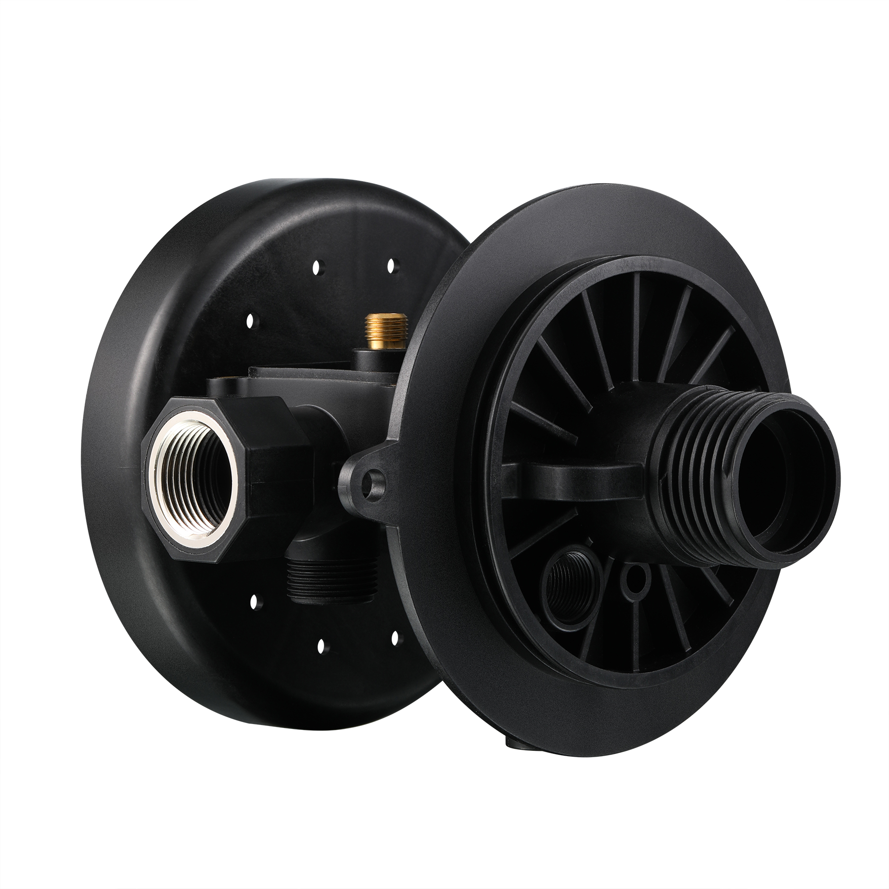 Exploded view of PA6 GF30 insert-molded water pump housing: ribbed impeller disc with stainless steel center hub insert and pump body with brass pipe port — ABERY
