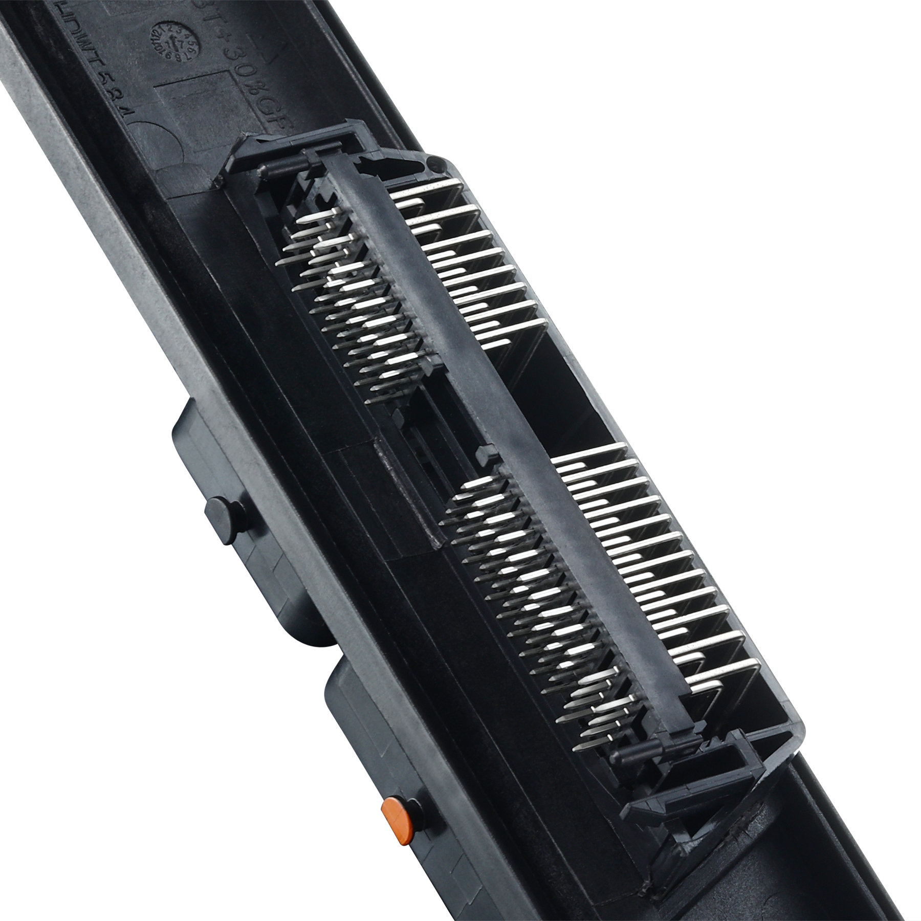 Close-up of insert-molded metal pin array in PBT GF33 connector housing showing pin alignment, consistent pitch, and flash-free housing walls around each pin, ABERY automotive precision