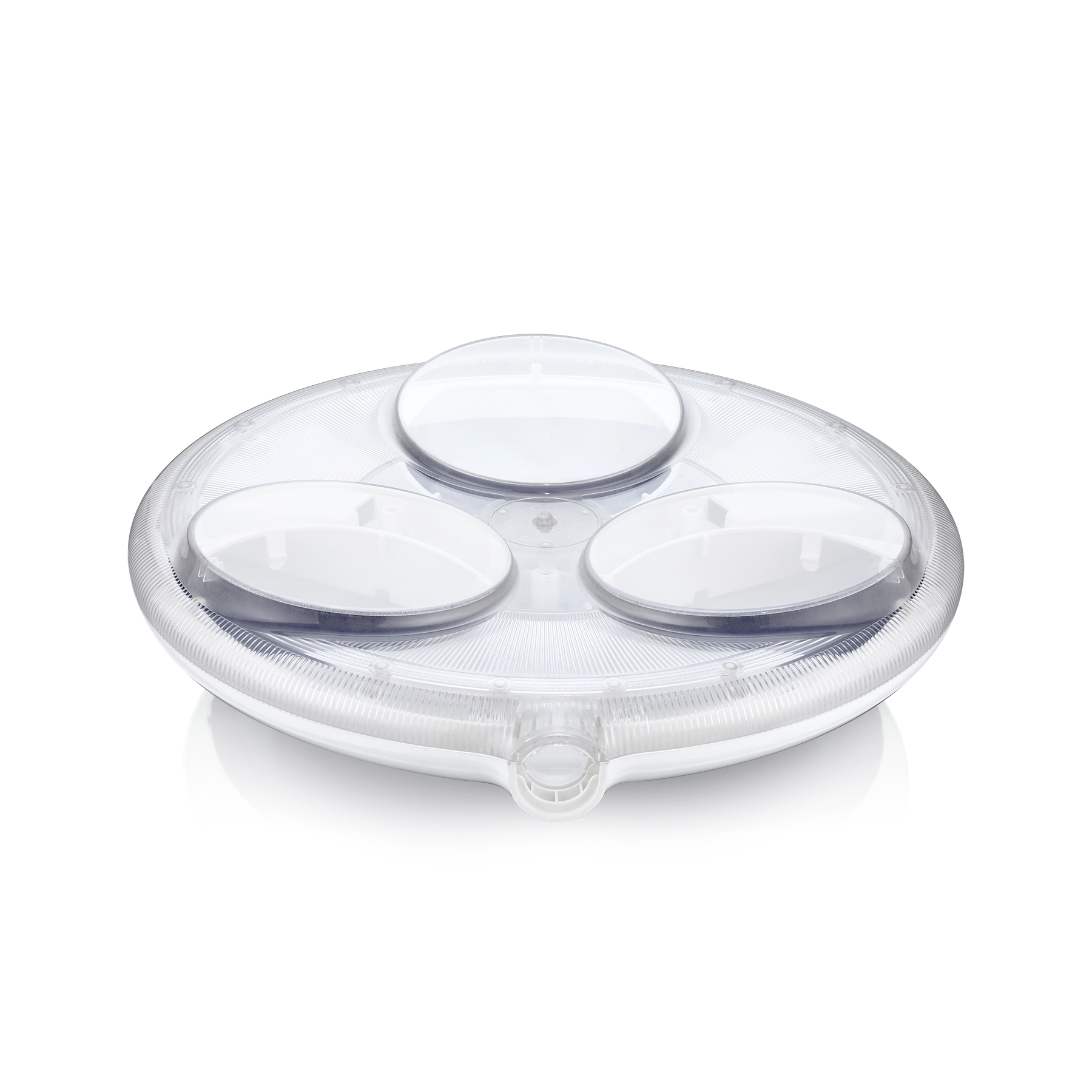Optical-grade transparent PC lens base for medical LED device — three oval LED windows and Fresnel radial rib structure — top view — ABERY cleanroom molding