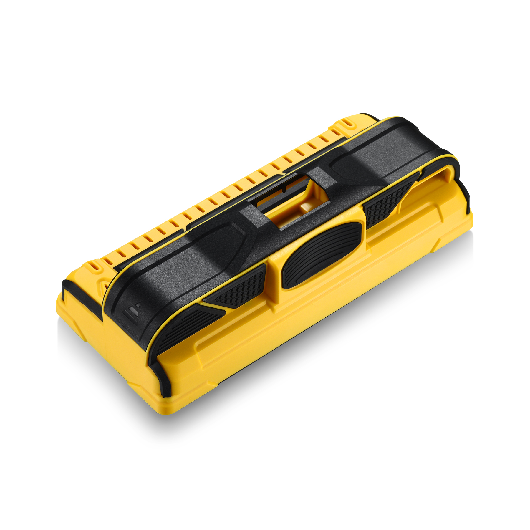 3/4 angle view of ABS TPE overmolded smart tool enclosure showing TPE wrap-around grip and yellow ABS ribbed base structure
