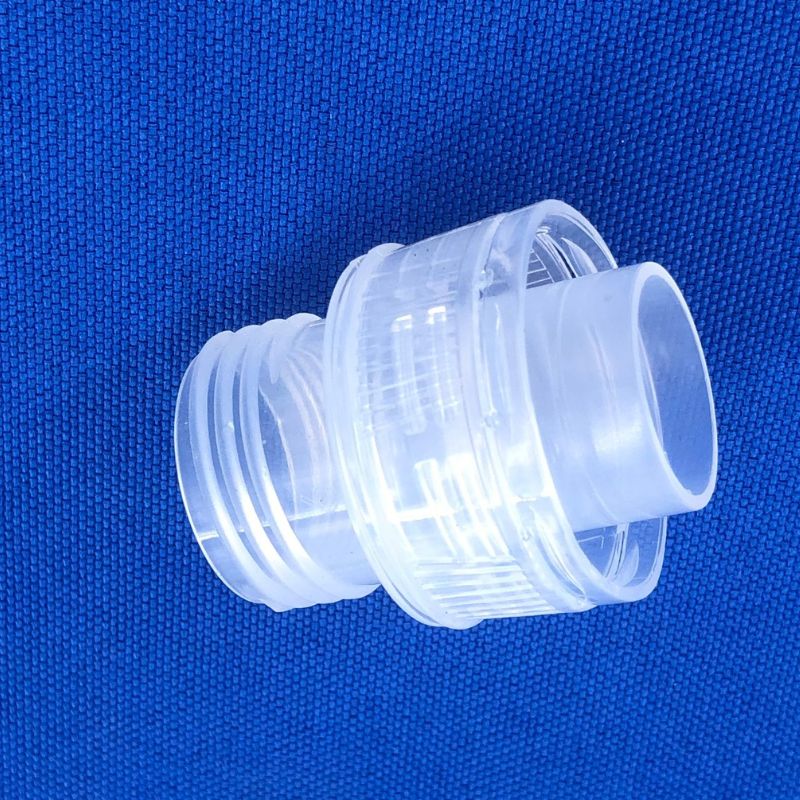 PP threaded bottle cap connector showing upper internal thread bore and lower external thread barrel, automatic unscrewing mold production, clean thread profile