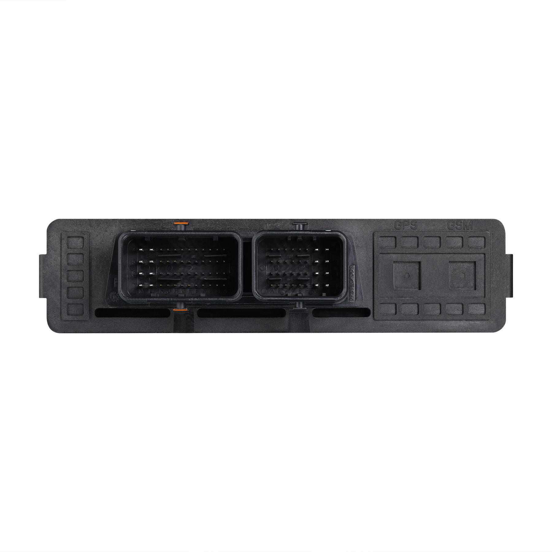 Rear face of PBT GF33 ECU connector housing with molded material marking PBT GF30GF HDWT584 and PCB-edge dual-row metal pin insert array