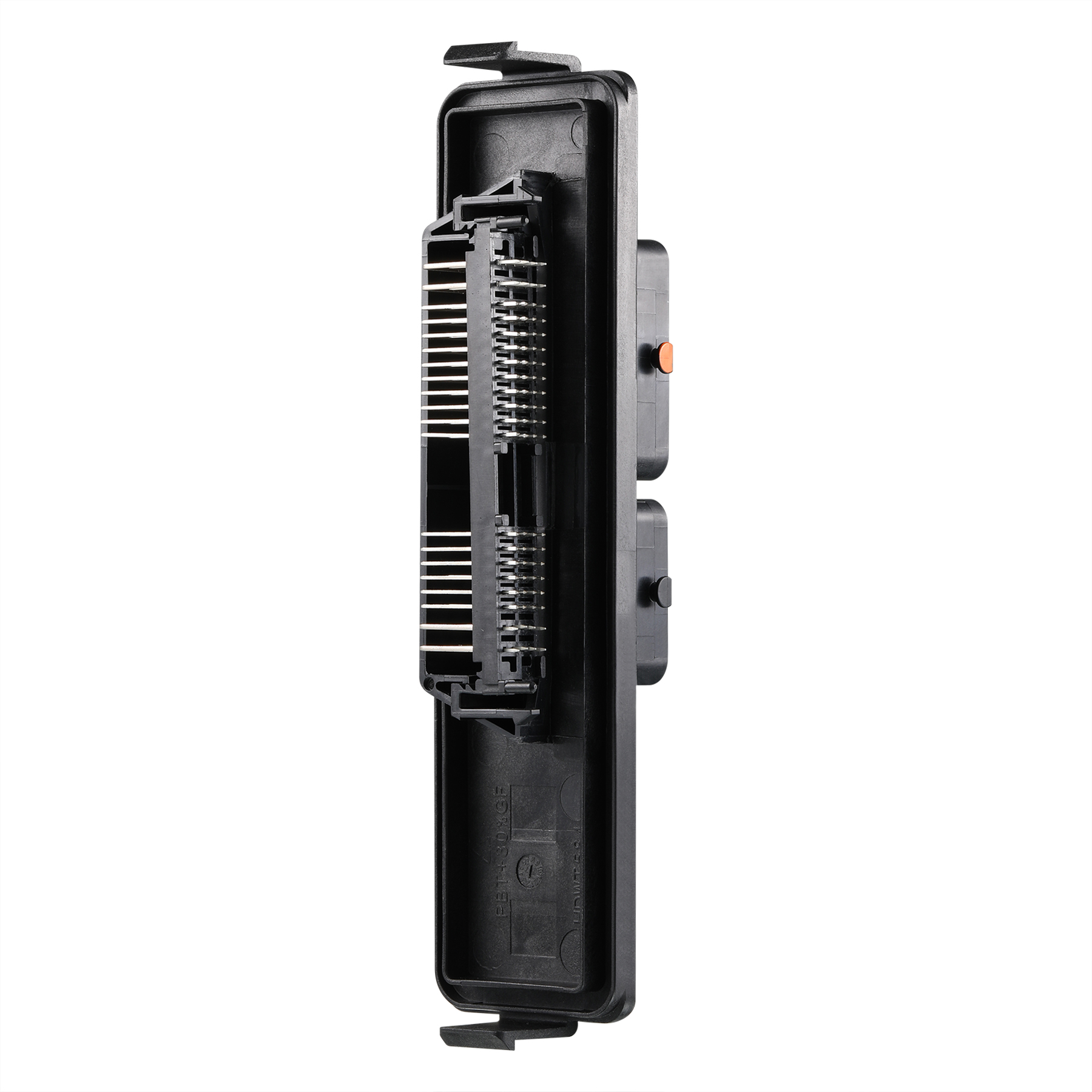 PBT GF33 insert-molded ECU connector housing side view, metal pin array and wiring harness bays, orange secondary lock, truck GPS GSM module, ABERY UK automotive customer