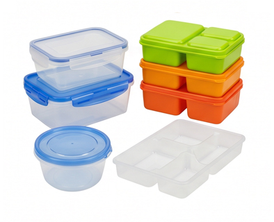 Food storage containers, lunch boxes, and kitchen organizers