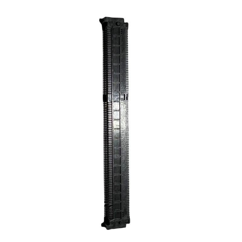 Reverse face of PA6 GF20 black connector housing showing uniform slot pitch and mounting tab geometry, ABERY precision molding China