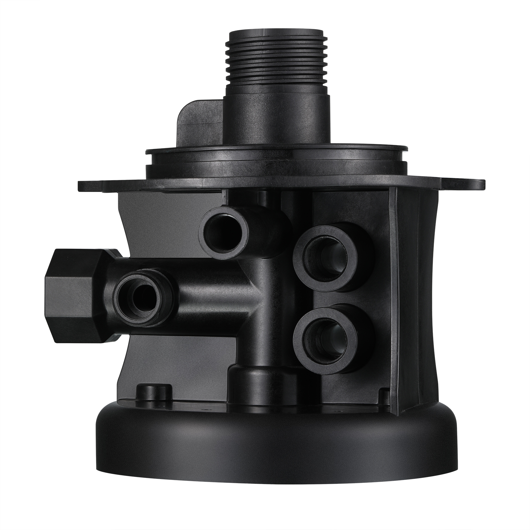 Reverse face of PA6 GF30 pump housing showing brass male-threaded pipe port insert and fluid passage channels — insert molding by ABERY