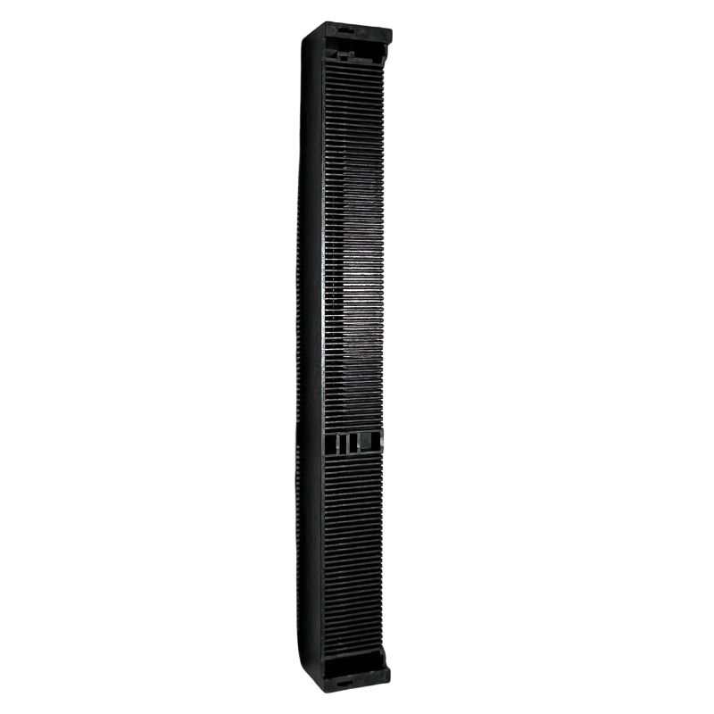 Extended-length PA6 GF20 black connector housing with controlled warpage, high-density slot array for telecom backplane application
