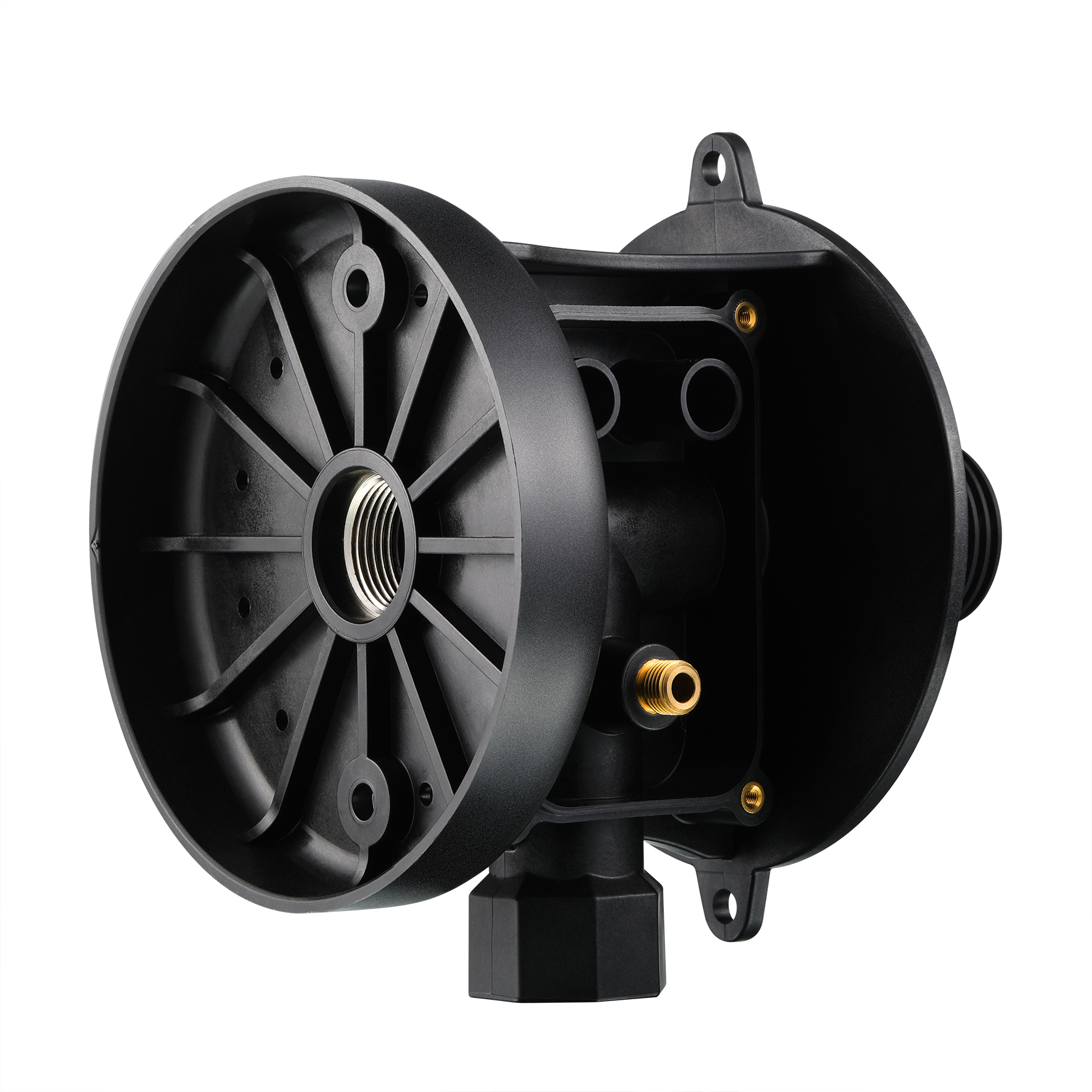 Isometric assembled view of complete PA6 GF30 water pump housing showing all 6 metal inserts, ribbed impeller disc, mounting tabs, and brass pipe port — ABERY Shenzhen