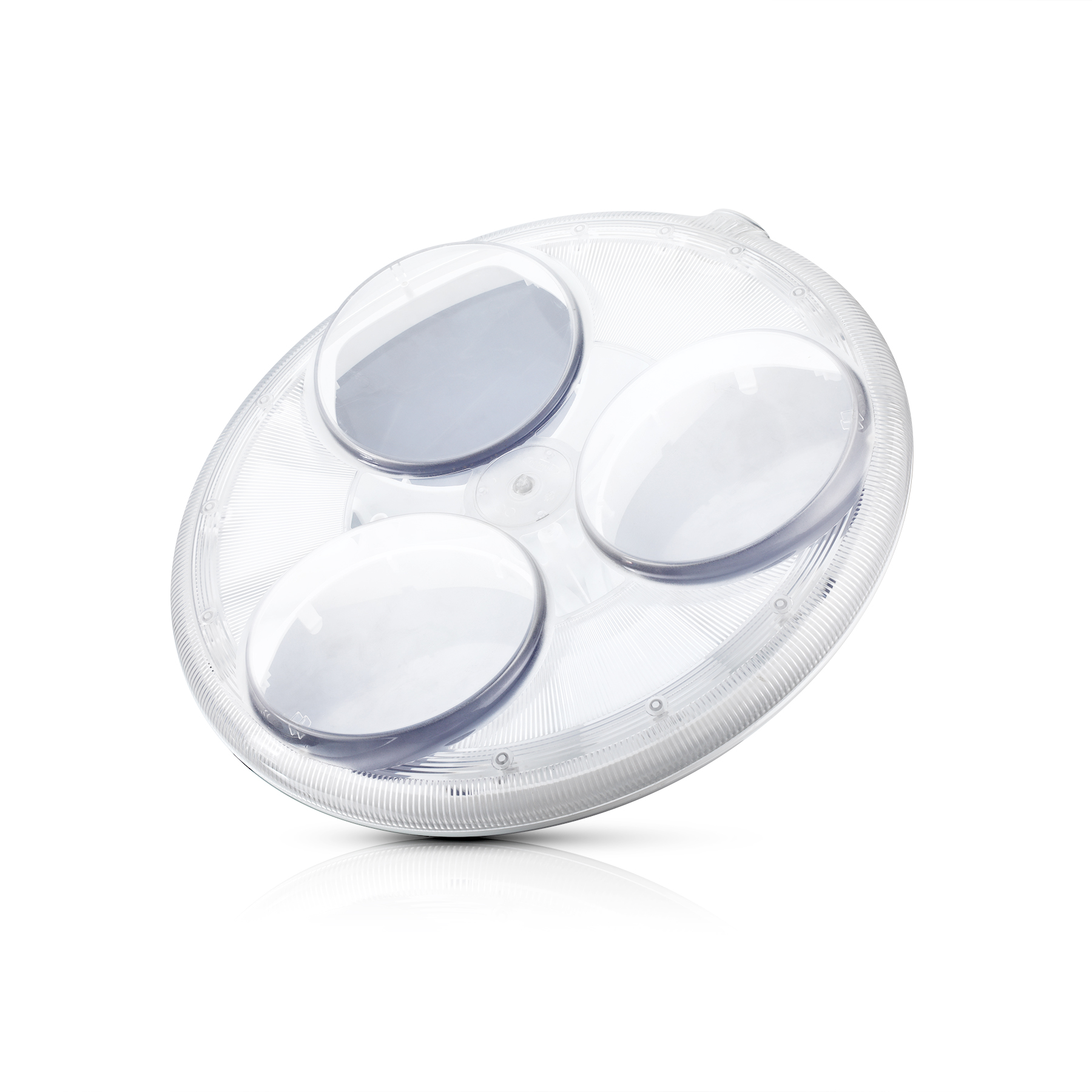 Oblique elevated view of transparent PC medical LED lamp lens base showing uniform wall thickness in oval LED windows and Fresnel disc face — ABERY Russia medical device project