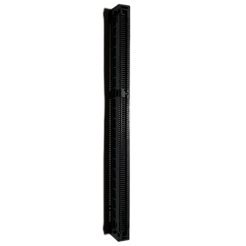 Narrow-profile PA6 GF20 black connector housing for board-edge telecom applications, ABERY precision injection molding