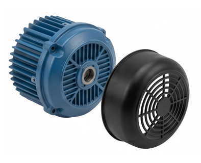 Motor housing end-caps and fan shrouds